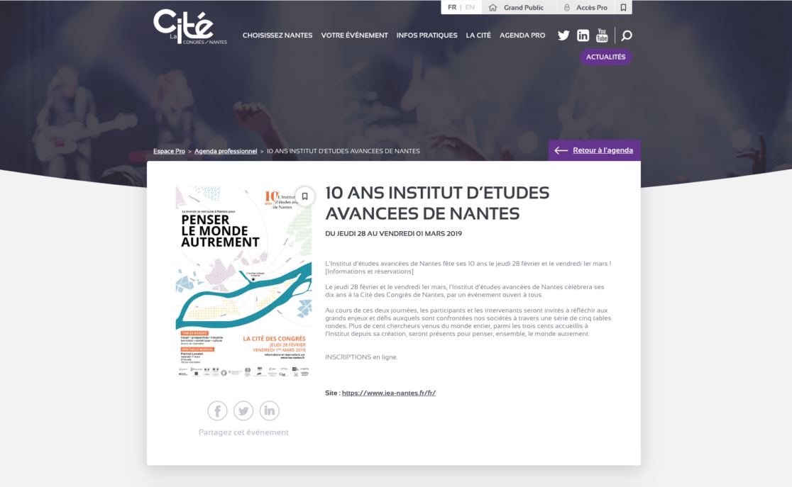 cité des congrès, Nantes, programme, Institut d'études avancées, Nantes, origami, communication visuelle, événementiel, enseigne, penser le monde autrement