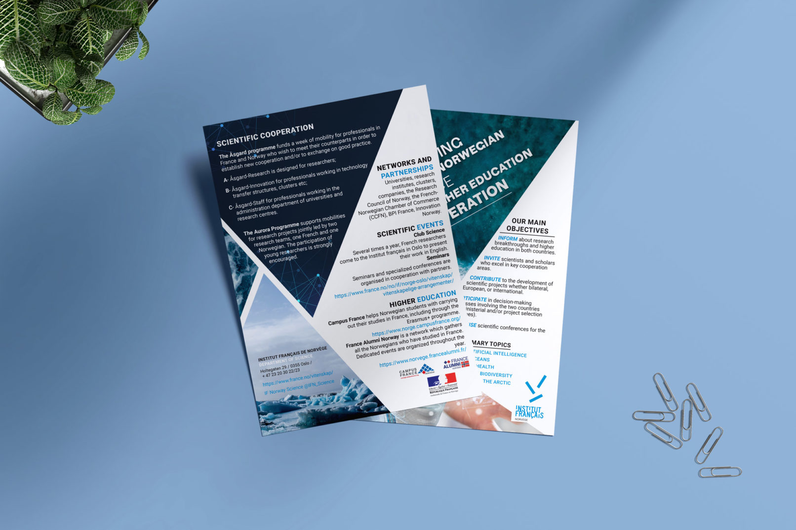 brochure, institut francais, institut francais d'oslo, norvège, support de communication, sciences, scientifique, flyer