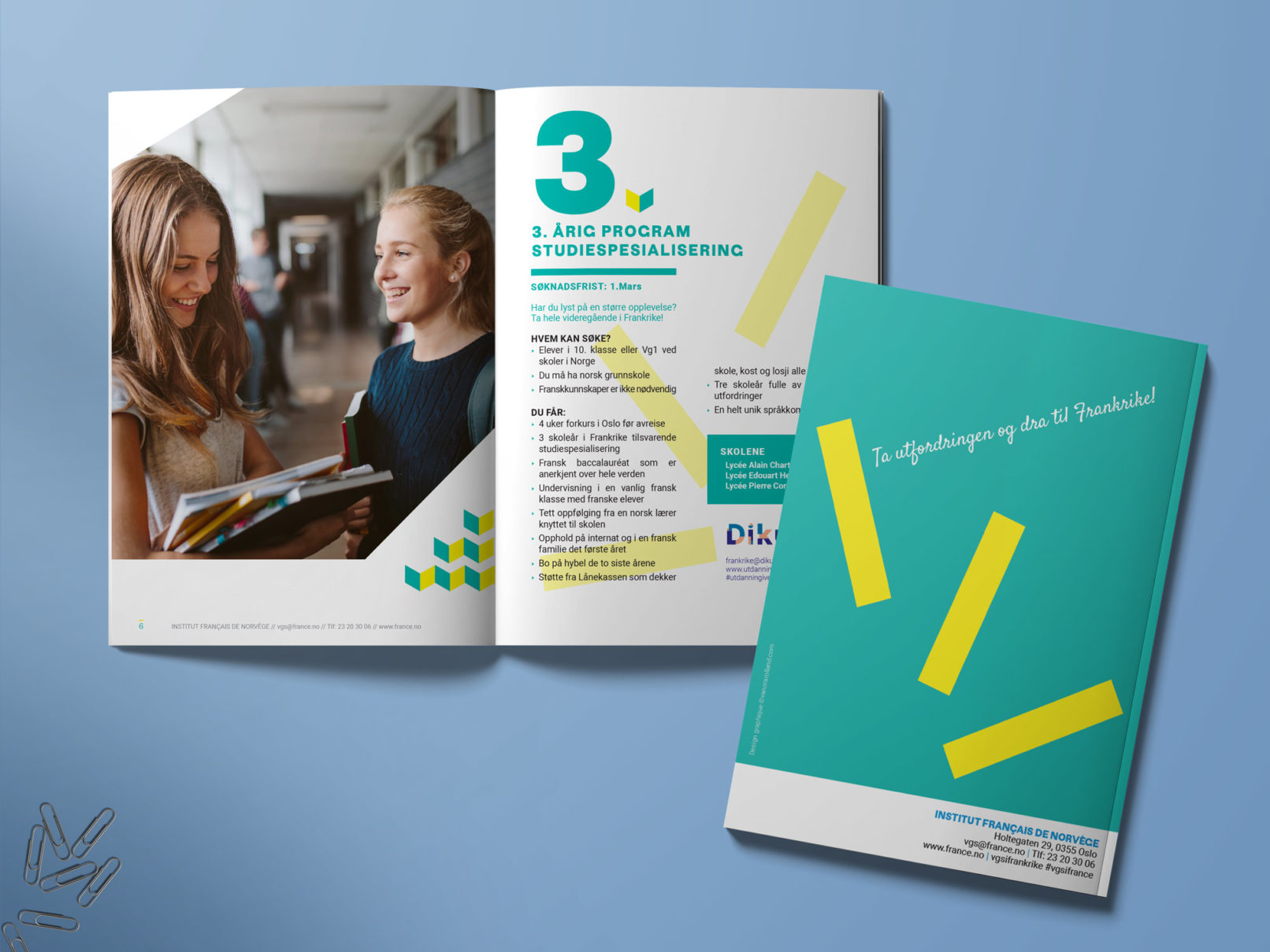 brochure, institut francais, institut francais d'oslo, norvège, support de communication, échanges linguistique, étudiants