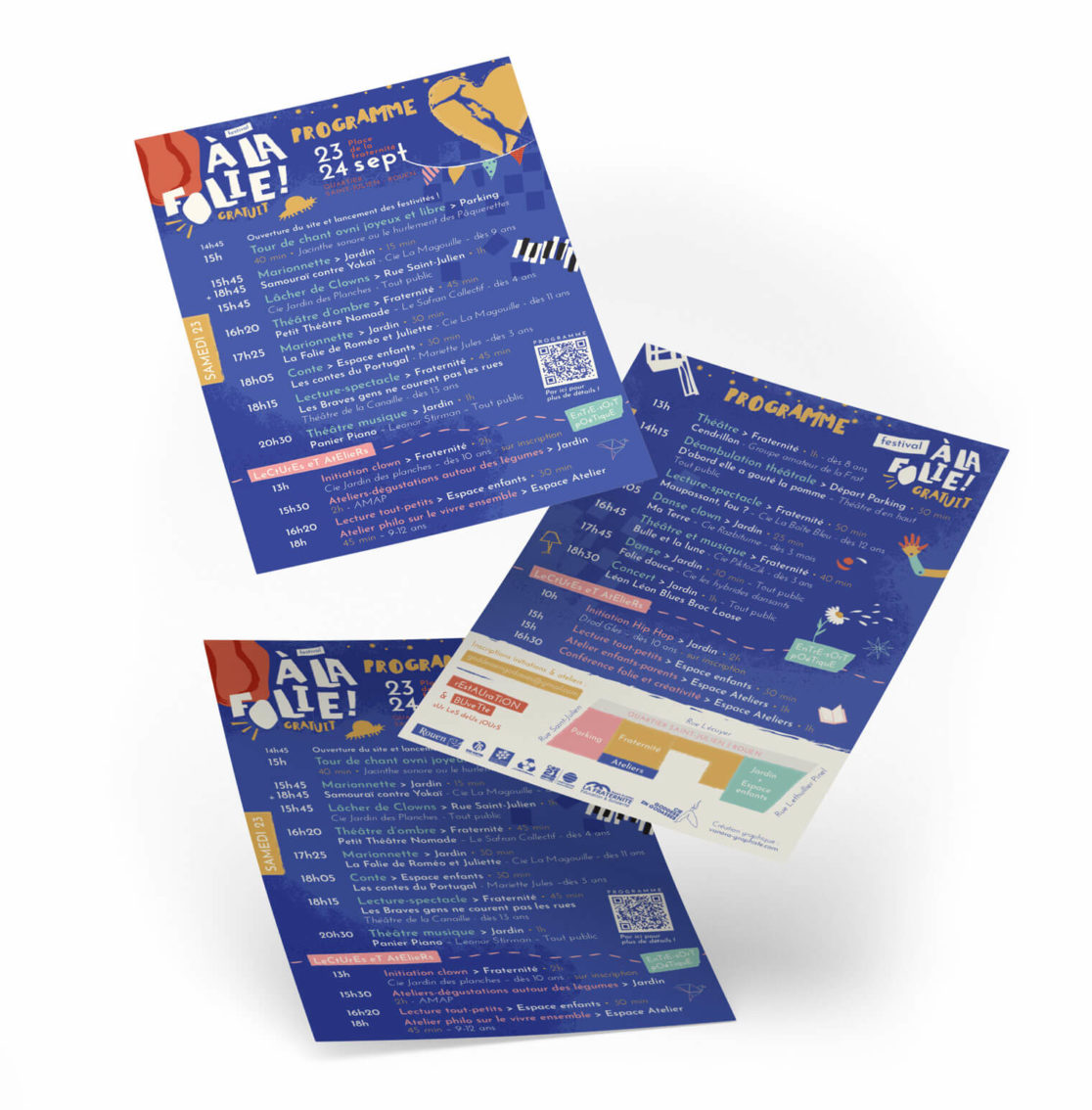identité visuelle, création, création affiche, vanora graphiste, graphiste rouen, affiche communication événementielle, festival à la folie, arts vivants, théatre, danse, festival théatre, rouen, saint-julien, la fraternité, festival gratuit, culture, création identité visuelle, flyer, programme, création identité visuelle