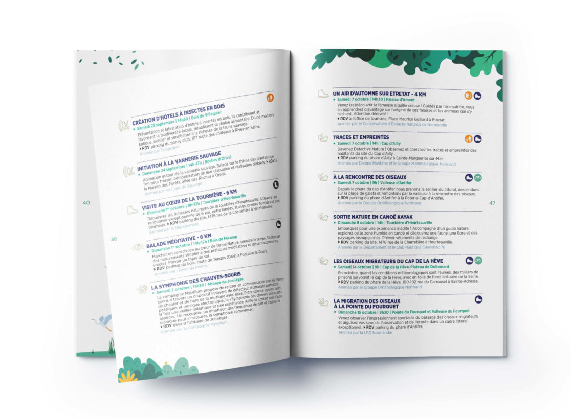 création brochure, illustration, sorties nature, seine-maritime, estival, littoral, mise en page