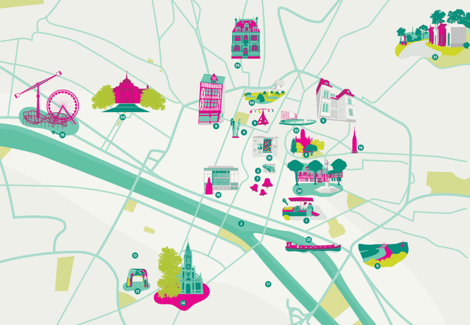 carte illustrée de la ville de Rouen, dessin d'une carte de la ville