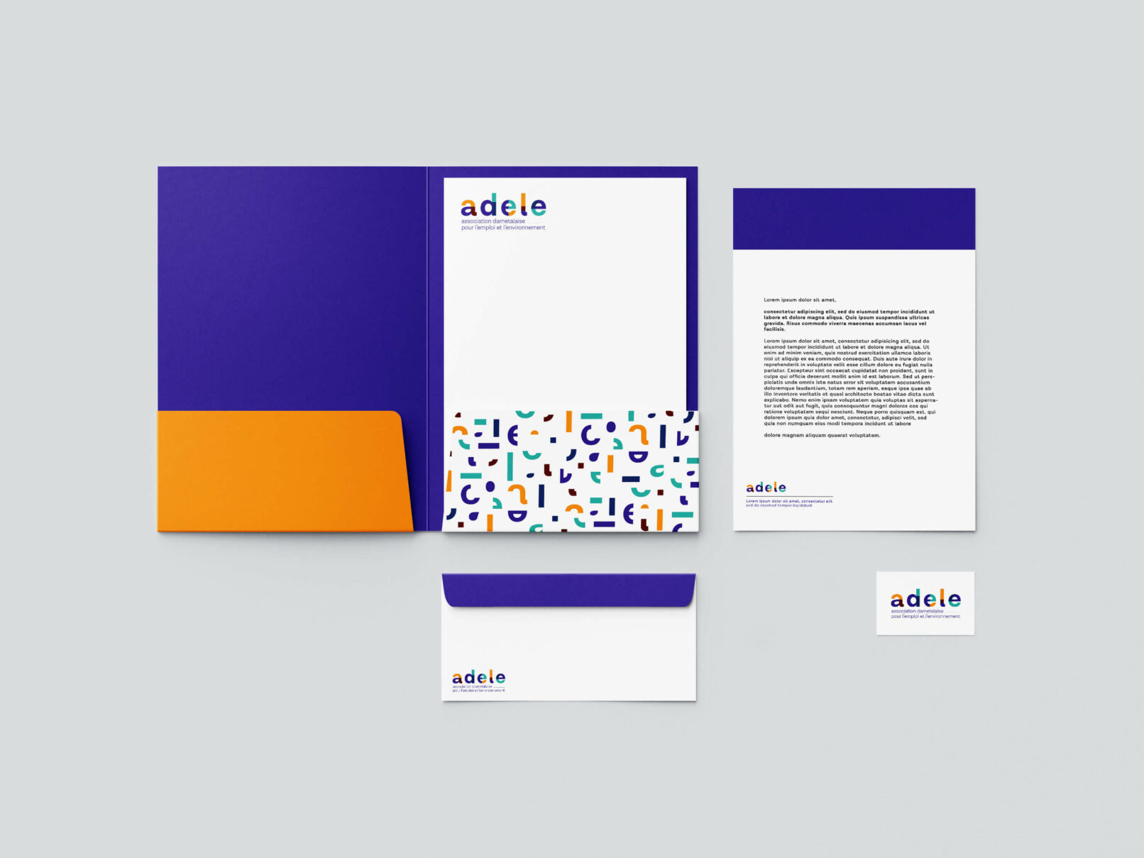 logo personnalisé adele, entreprise à but d'emploi darnétalaise, entreprise d'insertion, association darnétalaise, identité visuelle, logotype, création, graphiste rouen, vanora graphiste, papeterie