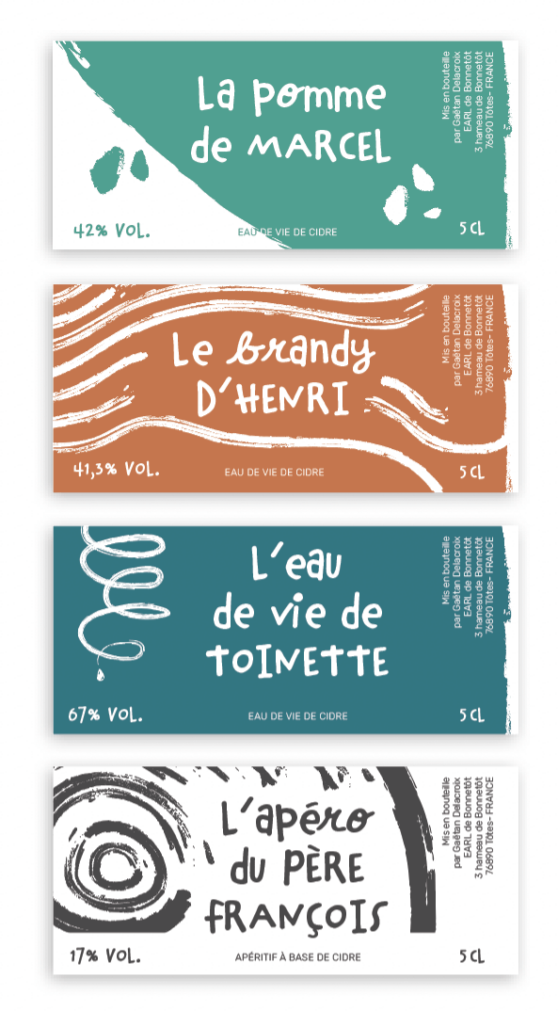 ferme de bonnetot, logo, charte graphique, identité visuelle, packaging, étiquettes sur-mesure, étiquette personnalisée, étiquette alcool, graphisme, vanora graphiste, graphiste normandie, produits locaux, produit terroir, alcool bio, eaux de vie de cidre, alcool bio local, ferme bio tôtes, ferme normandie, calva local