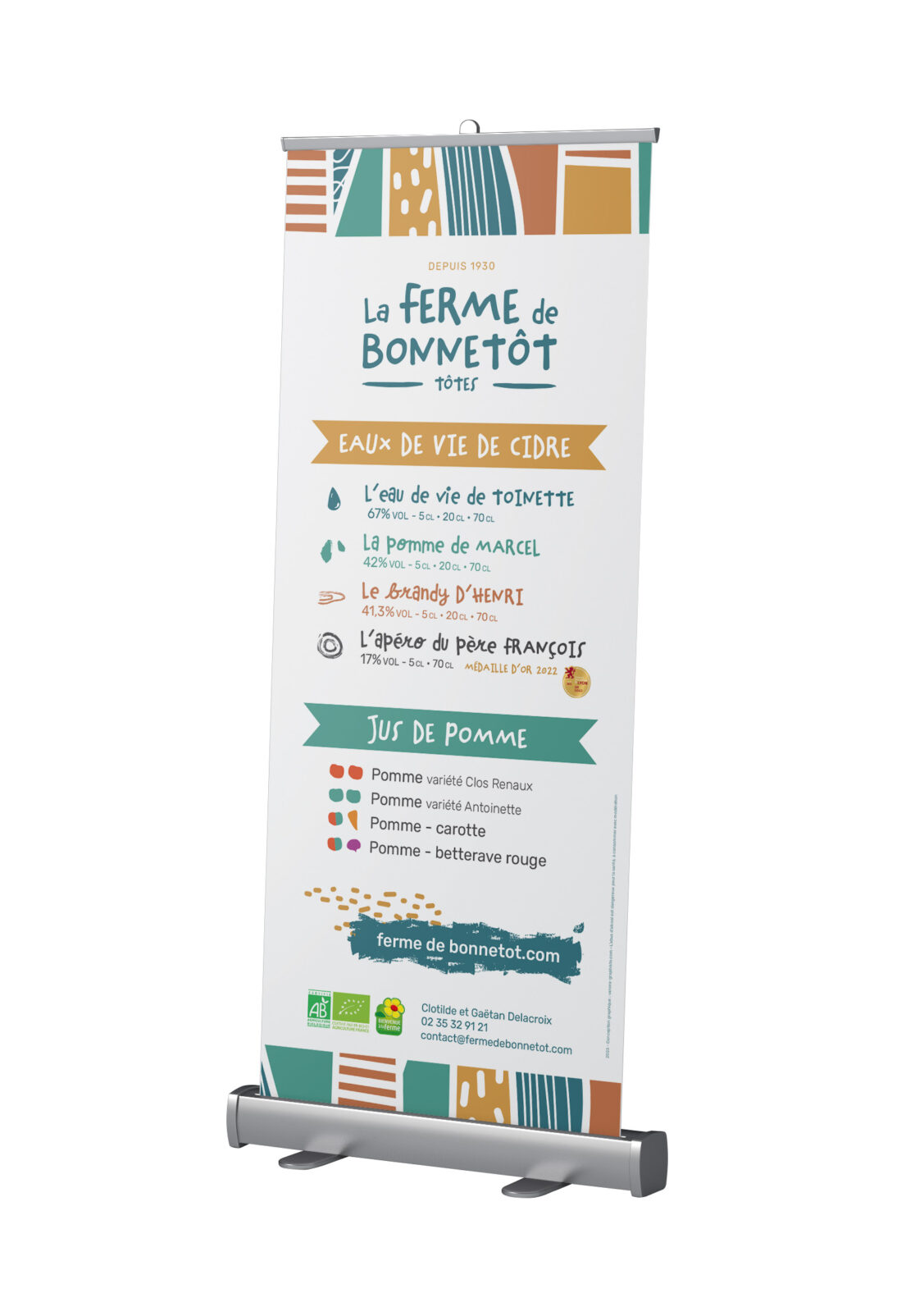 ferme de bonnetot, logo, charte graphique, identité visuelle, packaging, étiquettes sur-mesure, étiquette personnalisée, étiquette alcool, graphisme, vanora graphiste, graphiste normandie, produits locaux, produit terroir, alcool bio, eaux de vie de cidre, alcool bio local, ferme bio tôtes, ferme normandie, calva local, gamme alcools, gamme étiquettes, gaetan delacroix, coffret, kakémono, roll-up