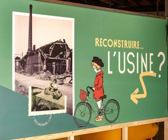 exposition, rouen, corderie Vallois, musée, musée industriel de la corderie Vallois, reconstruire l'usine, graphisme exposition, scenographie, conception cimaise exposition, conception graphique cimaises, graphisme papier peint, illustrations exposition, graphisme exposition, graphiste rouen, vanora graphiste