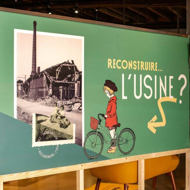 exposition, rouen, corderie Vallois, musée, musée industriel de la corderie Vallois, reconstruire l'usine, graphisme exposition, scenographie, conception cimaise exposition, conception graphique cimaises, graphisme papier peint, illustrations exposition, graphisme exposition, graphiste rouen, vanora graphiste