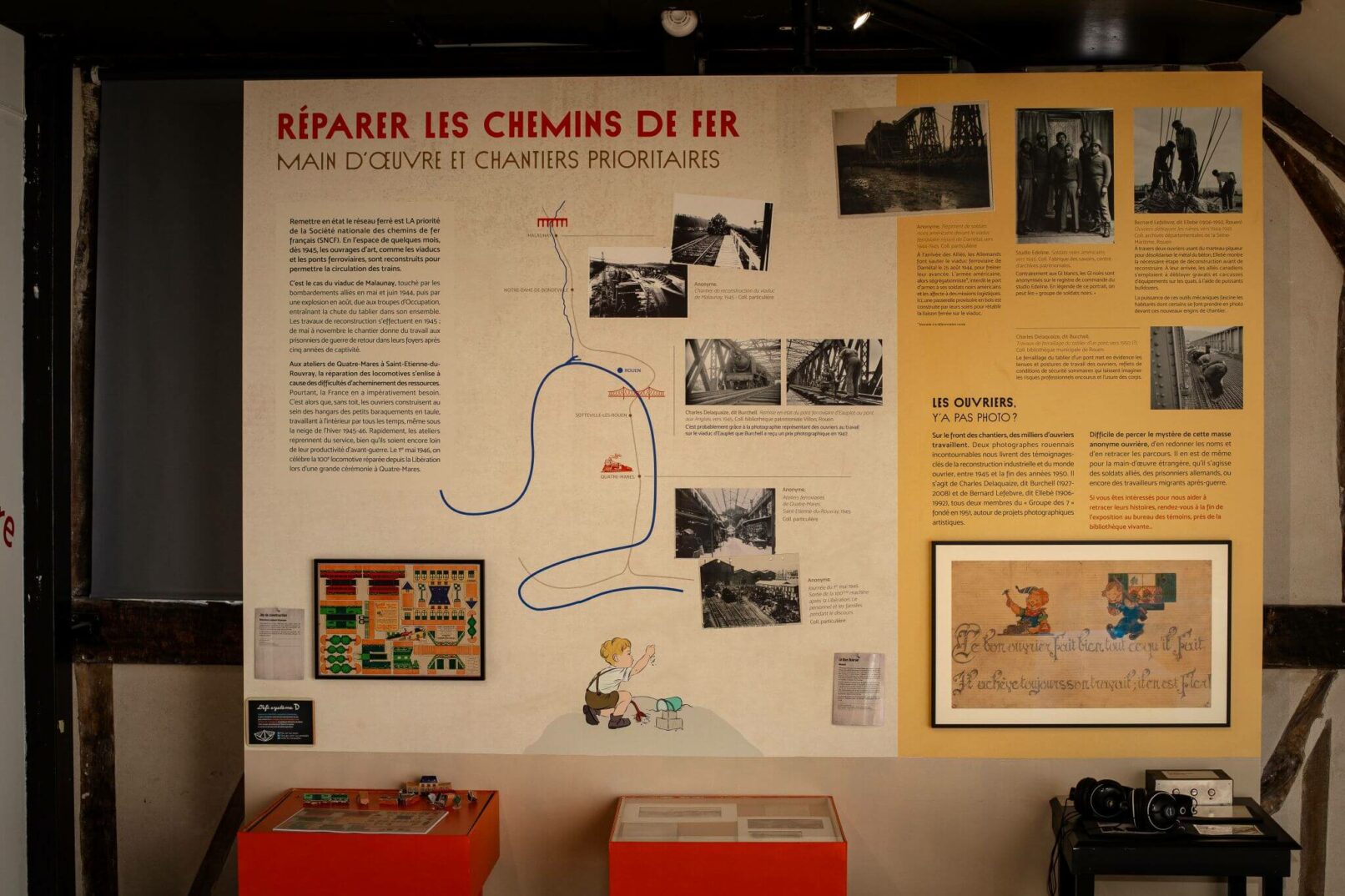 exposition, rouen, corderie Vallois, musée, musée industriel de la corderie Vallois, reconstruire l'usine, graphisme exposition, scenographie, conception cimaise exposition, conception graphique cimaises, graphisme papier peint, illustrations exposition, graphisme exposition, graphiste rouen, vanora graphiste