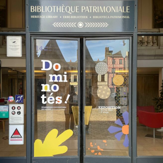 exposition culturelle, rouen, graphisme, affiche, communication, identité visuelle, graphisme culturel, patrimoine, dominotés, papier dominoté, vanora graphiste, Rouen, decaux, supports communication, signalétique, bibliothèque, Bibliothèque Villon