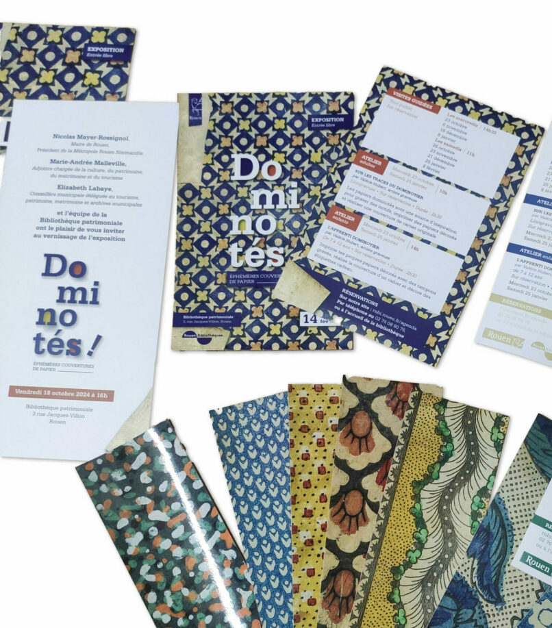 exposition culturelle, rouen, graphisme, affiche, communication, identité visuelle, graphisme culturel, patrimoine, dominotés, papier dominoté, vanora graphiste, Rouen, decaux, supports communication, signalétique, bibliothèque, Bibliothèque Villon, signets, marque page, goodies