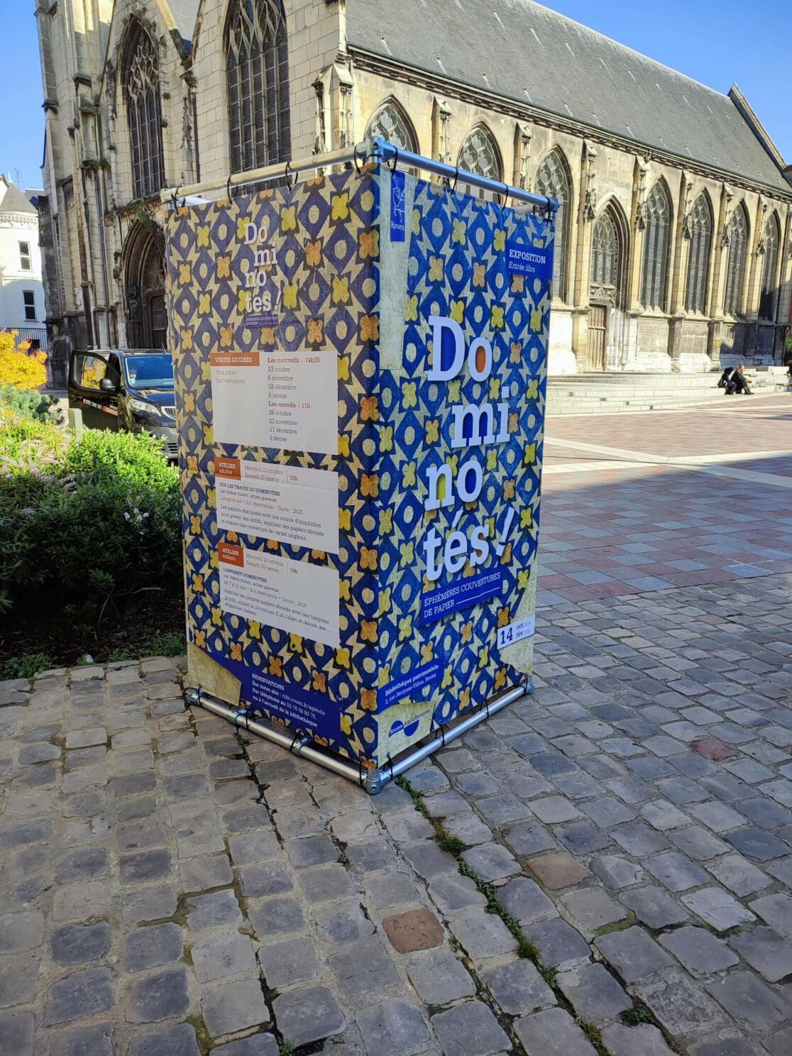 exposition culturelle, rouen, graphisme, affiche, communication, identité visuelle, graphisme culturel, patrimoine, dominotés, papier dominoté, vanora graphiste, Rouen, decaux, supports communication, signalétique, bibliothèque, Bibliothèque Villon